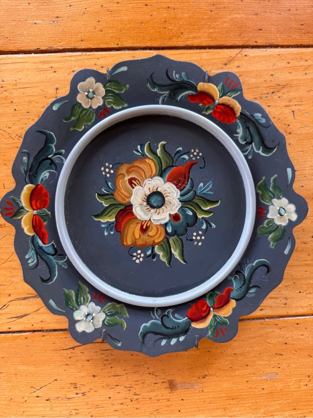 Hand-Painted Floral Decorative Plate in Navy and Multicolor